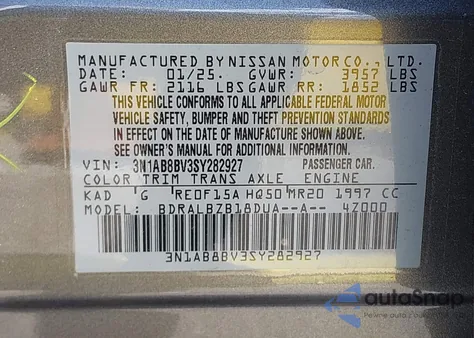 2025 Nissan Sentra S z USA, uszkodzony, nr VIN 3N1AB8BV3SY282927